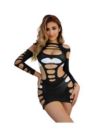 SUBBLIME - 952266 VESTIDO DE REJILLA ELÁSTICO MANGA LARGA NEGRO TALLA ÚNICA - SUBBLIME DRESSES - Vestidos Sexys