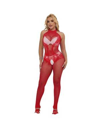 SUBBLIME - 952372 Bodystocking Crotchless de Rejilla y Encaje con Cuello Alto Rojo Talla Única - SUBBLIME BODYSTOCKINGS