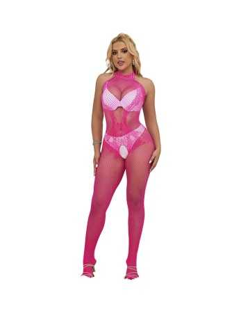 SUBBLIME - Bodystocking Crotchless de Rejilla y Encaje con Cuello Alto Rosa Talla Única - SUBBLIME BODYSTOCKINGS
