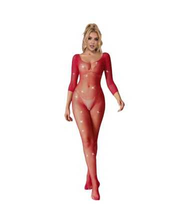 SUBBLIME - Bodystocking de Rejilla con Diamantes Manga Larga Rojo XS/M - SUBBLIME BODYSTOCKINGS