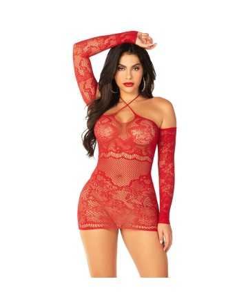 Minivestido de Rejilla con Hombros Descubiertos y Manga Larga Rojo - LEG AVENUE DRESSES - Vestidos Sexys