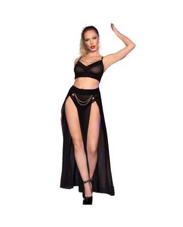 CHILIROSE - CR 4672 TOP NEGRO FALDA Y TANGA CON CADENAS DORADAS S - CHILIROSE SETS - Conjunto de lencería sexy