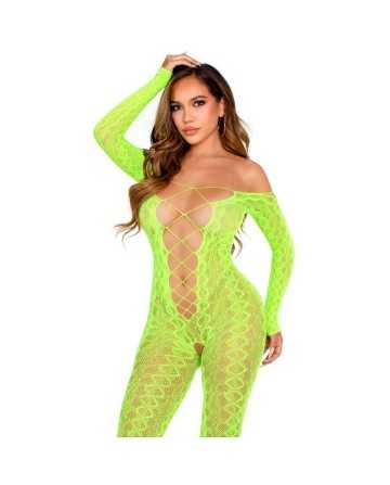 LEG AVENUE - Bodystocking Sin Entrepierna de Encaje de Serpiente Exótica Verde Neón - LEG AVENUE BODYSTOCKINGS