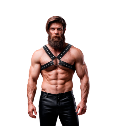 FETISH SUBMISSIVE ATTITUDE MENS CROSS OVER ECO LEATHER CHEST HARNESS WITH STUDS